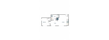 A floor plan of a room with a bedroom, bathroom, kitchen, and living room.
