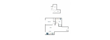 A floor plan of a house with a kitchen, living room, bedroom and bathroom.