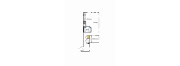 A diagram of a house layout with a kitchen, bathroom, and bedroom.