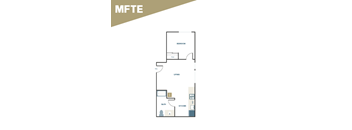A floor plan of a one bedroom apartment with a living room, kitchen, and bathroom.