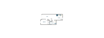 A floor plan of a room with a living area, bedroom, and bathroom.