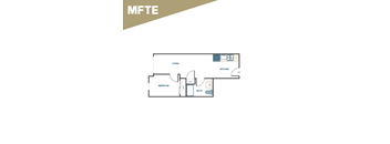 A floor plan of a small apartment with a bedroom, bathroom, living room, and kitchen.