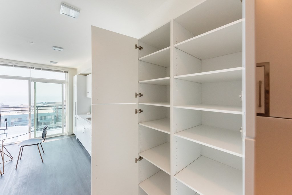 a walk in wardrobe in a modern apartment
