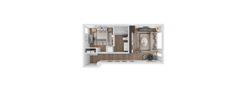 a stylized floor plan of a small apartment with a bedroom and a bathroom