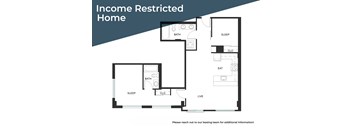 A floor plan of an income restricted home with a living room, two bedrooms, a bathroom, and a kitchen.
