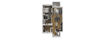 A 3D rendered image of a house layout.