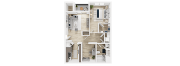 A top-down view of a well-organized apartment with a kitchen, living room, and bedroom.