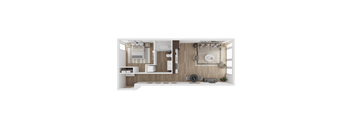 a stylized floor plan with a bedroom and a bathroom