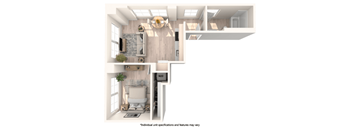 a floor plan of a studio apartment with a staircase leading up to the second floor