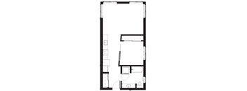 a small floor plan of a room with a bedroom and a bathroom and a kitchen