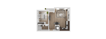 a 1 bedroom floor plan with a bathroom and a living room