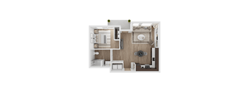 a stylized floor plan with a bedroom and a living room