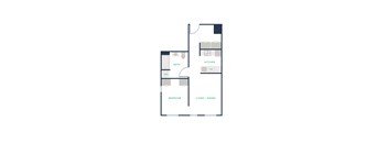 A floor plan of a small apartment with a bedroom, bathroom, and kitchen.