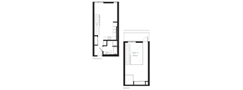 a floor plan and a elevation of a small house with a bedroom and a bathroom
