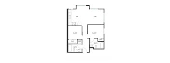 A floor plan of a house with labeled rooms including a living room, two bedrooms, a bathroom, and a kitchen.
