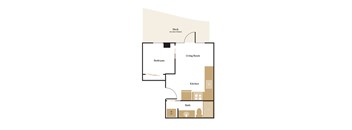 A floor plan of a house with a living room, kitchen, bathroom and bedroom.