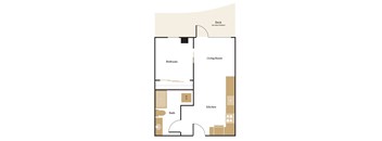 A floor plan of a house with a living room, kitchen, bath, and bedroom.