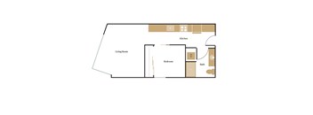 A floor plan of a house with a living room, kitchen, bedroom and bathroom.