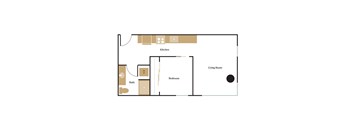 A floor plan of a small apartment with a kitchen, living room, bedroom and bathroom.