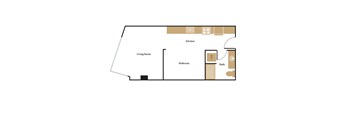 A floor plan of a house with a living room, kitchen, bedroom and bathroom.
