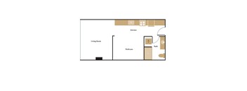 A floor plan of a house with a living room, kitchen, bedroom and bathroom.