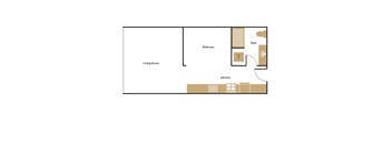 A floor plan of a room with a living room, kitchen, and bathroom.