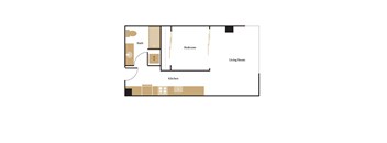 A floor plan of a small apartment with a living room, bedroom, and kitchen.