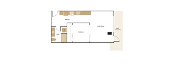 A floor plan of a house with a kitchen, living room, bedroom, and bathroom.