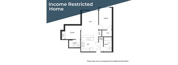 A floor plan for an income restricted home is shown with a living room, two bedrooms, a bathroom, and a kitchen.