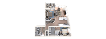 A 3D floor plan of a small apartment with a kitchen, living room, and bedroom.