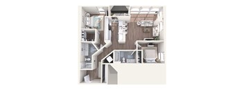 A diagram of a small apartment with a kitchen, living room, and bathroom.