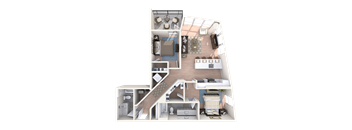 A 3D floor plan of a house showing a kitchen, living room, and bedrooms.