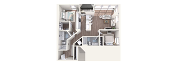 A diagram of a small apartment with a kitchen, living room, and bathroom.
