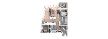 A 3D floor plan of a small apartment with a kitchen, living room, and bedrooms.