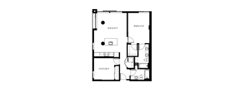 A floor plan of a small apartment with a kitchen, living room, and two bedrooms.