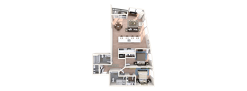 A 3D floor plan of a house with a kitchen, living room, and bedrooms.