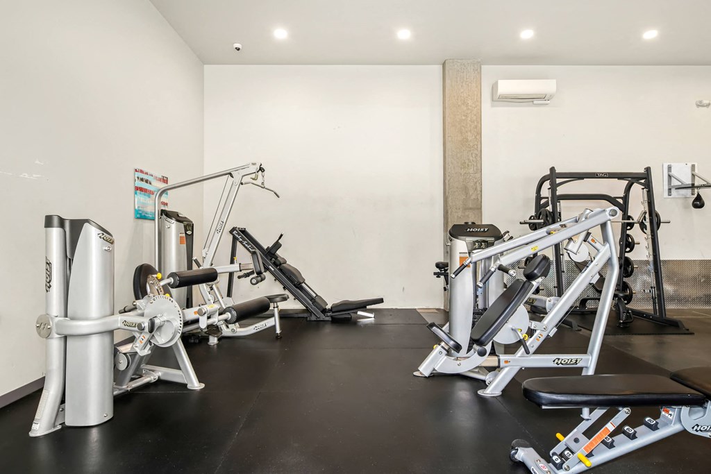 A gym with a variety of equipment including a leg press machine, a chest press machine, and a rowing machine.
