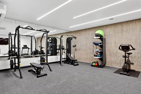 A gym with a variety of equipment including a weight bench, a leg press machine, a chest press machine, a rowing machine, a stationary bike, and a dumbbell rack.