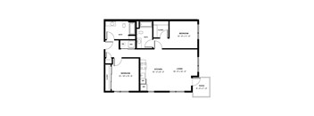 A black and white image of a house floor plan with two bedrooms, a kitchen, a living room, a bathroom, a patio, and a closet.