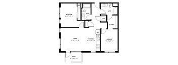 A black and white image of a house floor plan with a living room, kitchen, two bedrooms, a bathroom, a patio, a workshop, and a closet.