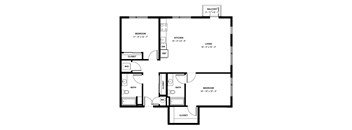 A black and white image of a floor plan for a balcony, kitchen, living room, and two bedrooms.