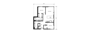 A floor plan of a house with a kitchen, living room, and two bedrooms.