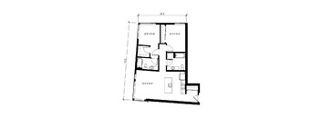 A floor plan of a house with a kitchen, living room, and two bedrooms.