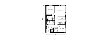 A floor plan of a house with a kitchen, living room, and two bedrooms.