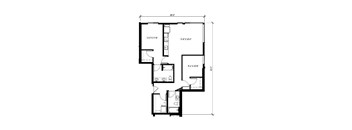 A black and white floor plan of a house with a kitchen, living room, and two bedrooms.