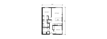 A floor plan of a small apartment with a kitchen, living room, and two bedrooms.