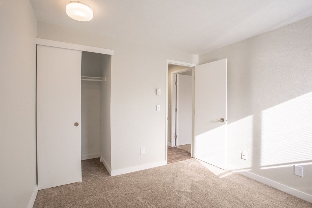 a living room with white walls and a door to a closet
