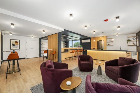 a living room with couches and chairs and a kitchen with a bar