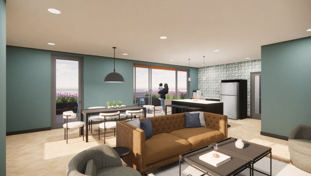 a rendering of a living room with a kitchen and dining room