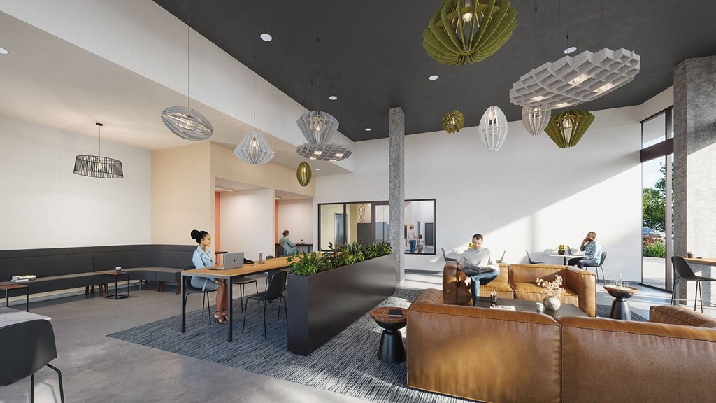 a rendering of a lobby with people sitting at tables and chairs